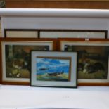 Pair of metal-framed coloured cat prints, 2 limited edition horse racing prints, and another (5)