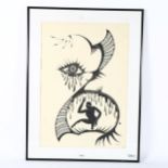 Kaka, pen and ink, Tribal study, signed and dated 1980, 58cm x 40cm, framed Good condition