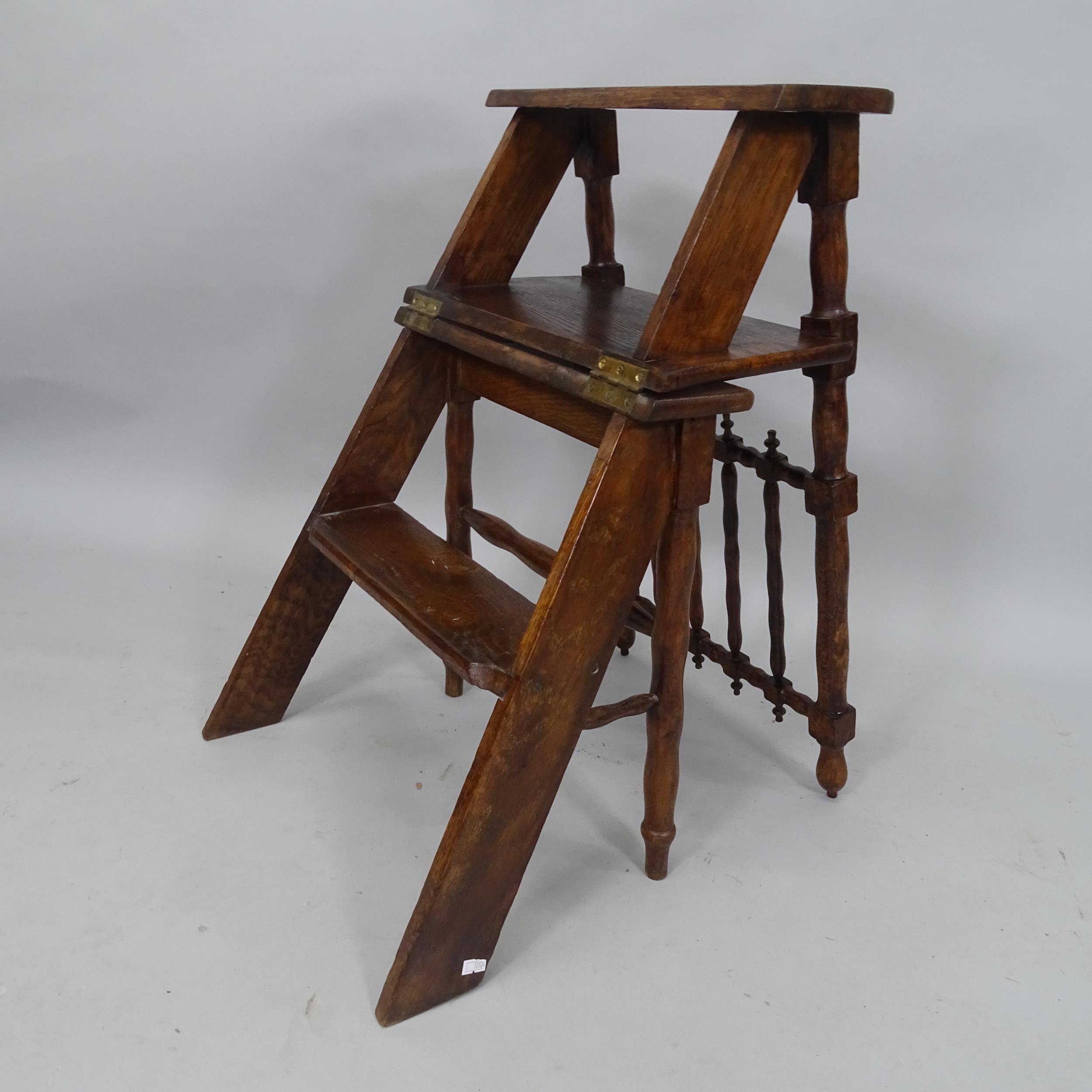 A 19th century oak metamorphic library step chair, with turned spindle back and legs - Bild 2 aus 2