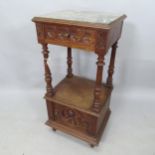 A French oak marble-top pot cupboard, with carved decoration, 40cm x 86cm x 34cm