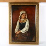 Oil on canvas, portrait study of a young lady, 90cm x 60cm overall, gilt-framed, modern