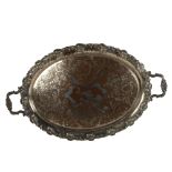 A large Victorian silver plate on copper 2-handled serving tray, with engraved and cast grape leaf