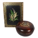 A Victorian black lacquered and gilded desk blotter, with abalone shell decoration, and a wooden