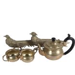 A pair of silver plated table pheasants, and an Indian plate 3-piece tea set