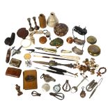 Mauchline Ware needle case, brass snuffbox, stoneware ink bottles, cufflinks and other interesting