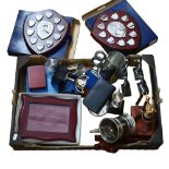 Various modern pewter tankards, presentation shields, photo frames etc (boxful)