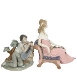 Lladro boy playing flute (A/F), and a Spanish figure young lady resting on a chair, tallest height