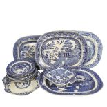 3 large 19th century blue and white meat plates, Victorian dinner plates, entree dish etc (12)