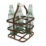 2 stoneware storage jars, tallest 27cm, a metal bottle carrier with 3 bottles