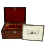 A Victorian work box with tray-fitted interior, 30cm across, and a Lionel Edwards print