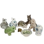 A David Sharp rabbit money box, 15cm, a Rye Pottery hedgehog, a David Sharp owl and kitten etc