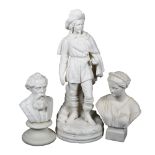 2 Parian Ware busts, and a Cavalier figure, 36cm