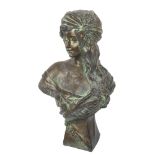 A verdigris terracotta bust of a gypsy girl, title "Bohemia", height 45cm