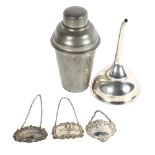 3 silver decanter labels, a large 2-section silver plated wine funnel, and a pewter cocktail shaker