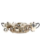 Various silver plated and engraved teaware, including Mappin & Webb, a 4-piece tea and coffee set,