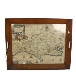 An 18th century hand painted map of Dorsetshire, displayed in an oak-framed tray, 46 x 45cm