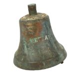 A heavy unpolished bronze bell with iron clapper, impressed Shetland 1951, height 25cm, diameter