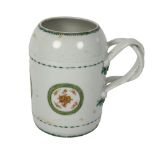 An 18th century Chinese export porcelain tankard, double entwined handles, with hand painted