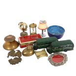 Various brass inkwells, a brass sand timer, a Vintage Sarony Silk Cut cigarettes tin etc