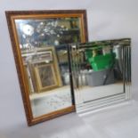 A carved mahogany-framed rectangular wall mirror, 60cm x 86cm, and a modern Art-Deco style square