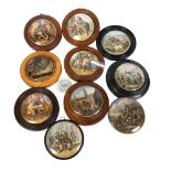 A selection of Pratt Ware pot lids, including The Farriers, The Cavalier, Lobster Sauce, etc