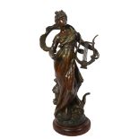 After Louis Moreau, an Art Nouveau patinated spelter sculpture, "Terpsichore", signed, height 61cm