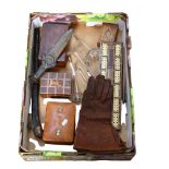 A pair of Vintage driving gloves, a selection of Vintage wooden boxes and measuring sticks