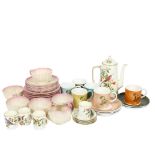 Susie Cooper coffee ware, Royal Worcester part coffee set with bird decoration, and Belleek pink