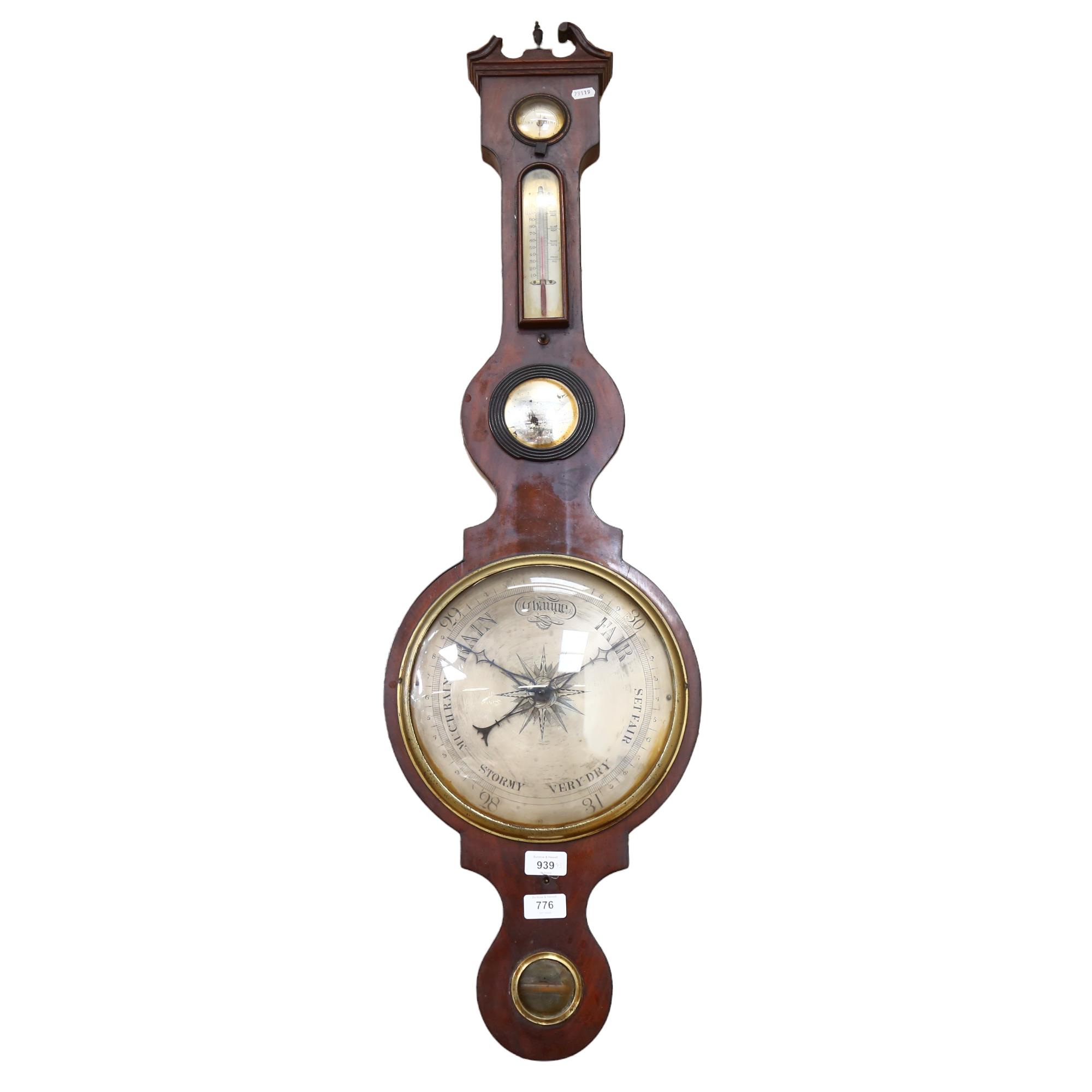 A Regency mahogany banjo barometer, length 95cm