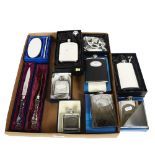 A collection of modern pewter hip flasks, quaich etc, all boxed
