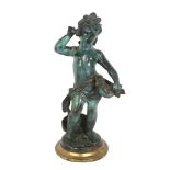 An Antique verdigris bronze figure, girl carrying a basket of fruit, height 39cm Figure is in nice