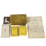 A World War I 1914 Christmas tin, containing original tobacco, cigarettes, Christmas card and a note