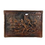 An African embossed copper tray, hunting scene, width 65cm, depth 45cm