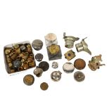 A collection of inkwell lids, Claret jug mounts, candle stands etc