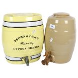 A Brown & Pank's Cyprus Sherry barrel, and a stoneware barrel, tallest 31cm