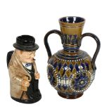 A Doulton Lambeth vase, 16cm, and a Winston Churchill character jug