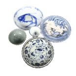 A group of 4 Chinese blue and white bowls and dishes, and a stem cup, and another