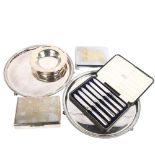 An Aristocrat electroplated cigarette box, an Art Deco cigarette box, 2 plated salvers etc