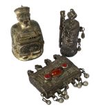 An Antique Turkish amulet, set with banded agate, an Oriental white metal burner, and a Japanese