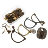 A selection of early 20th century kit bag hasps, Vintage padlocks and keys