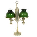 MILLER & SONS PICADILLY - a polished brass double adjustable student's oil lamp, with green glass