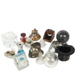 A collection of Vintage glass pewter inkwells, including a Swiss Guards design helmet inkwell, and a