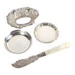 MAPPIN & WEBB - a small sterling silver dish, a pierced silver dish, another, and a mother-of-