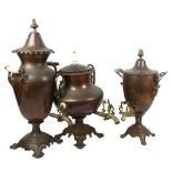 3 Antique copper samovars with brass taps, tallest 55cm