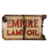 An Empire Lamp Oil double-sided enamel sign, 60cm x 38cm Flange is missing, minimal fading to