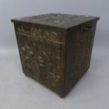 An Antique Dutch brass coal purdonium, with figural decoration, 50cm x 46cm x 41cm