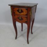 An Antique French oak 2-drawer bedside table, with inlaid floral and marquetry decoration, and brass