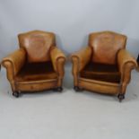 A pair of Art Deco brown leather-upholstered armchairs, 85 x 80 x 80cm Both have worn arms with