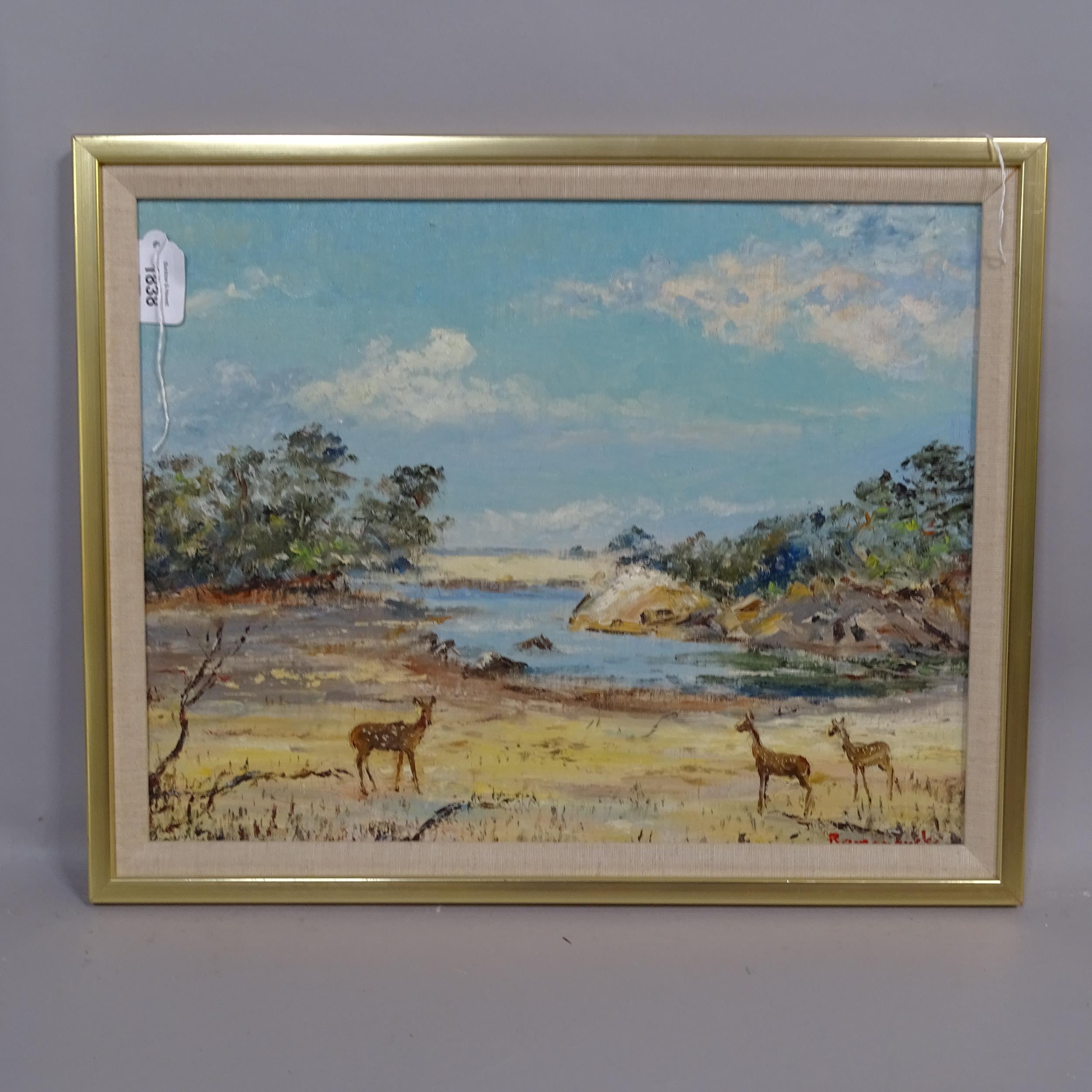 Oil on canvas board, deer beside a lake, indistinctly signed under the mount, 34cm x 43cm, framed