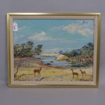 Oil on canvas board, deer beside a lake, indistinctly signed under the mount, 34cm x 43cm, framed